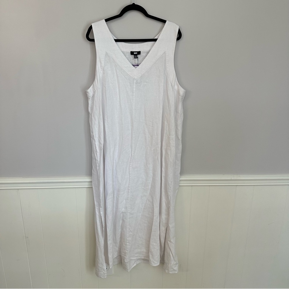 DKNY Women’s V-Neck Wide Strap White Sleeveless Linen Maxi Dress Sz XXL NWT - Picture 2 of 10